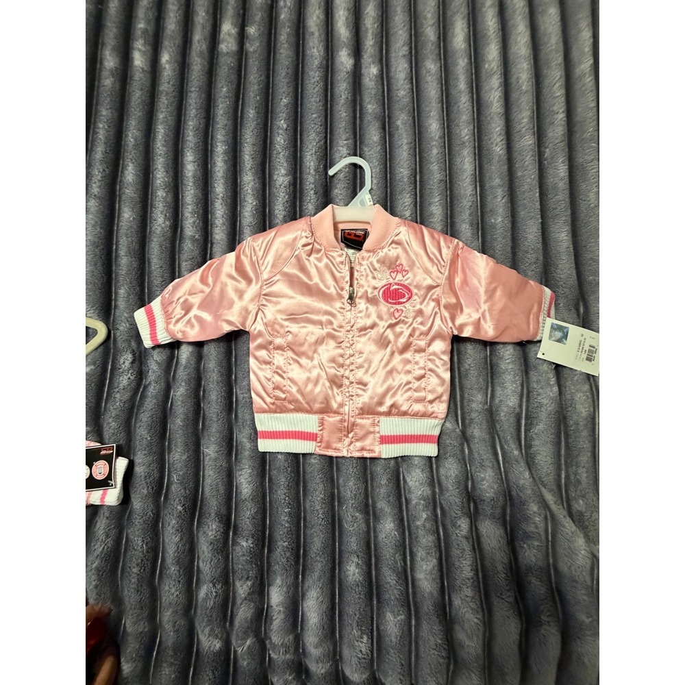 Genuine Stuff Baby Girls Pink Satin Bomber Jacket Embroidered Hearts 12 Months